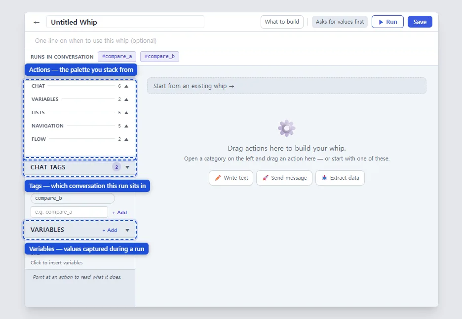 The builder sidebar with Actions, Tags and Variables each marked